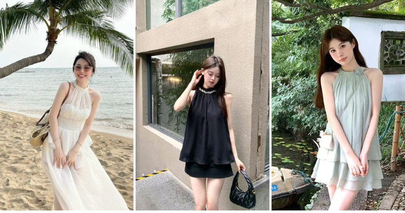 Bộ đôi áo yếm hở lưng và chân váy xòe bay bổng cực kỳ nổi bật giữa biển xanh.